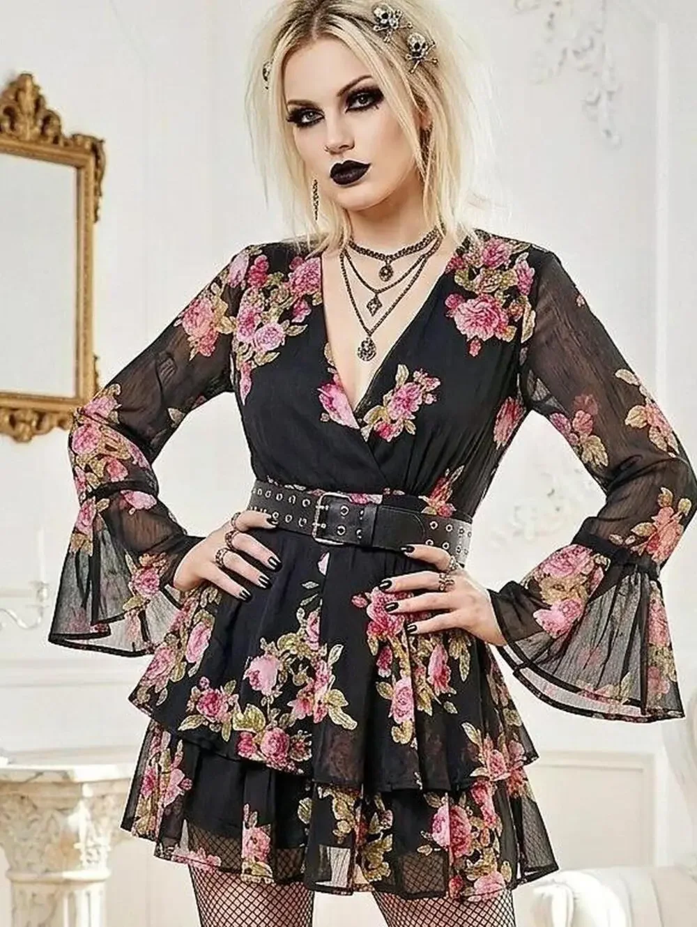 Gothic, dark floral, tiered dress, sheer sleeves, long sleeves.